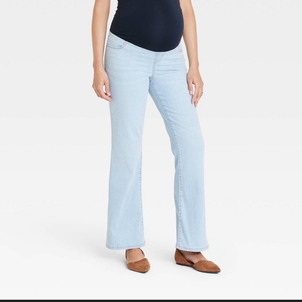 Over the belly high rise denim flare maternity pants size 4, light blue